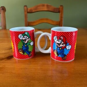 Nintendo Super Mario Bros Mug Set Mario Luigi Yoshi Red Polka Dot 2 Piece